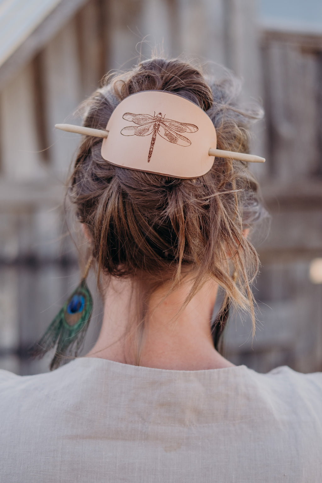 The Dragonfly - large leather barrette