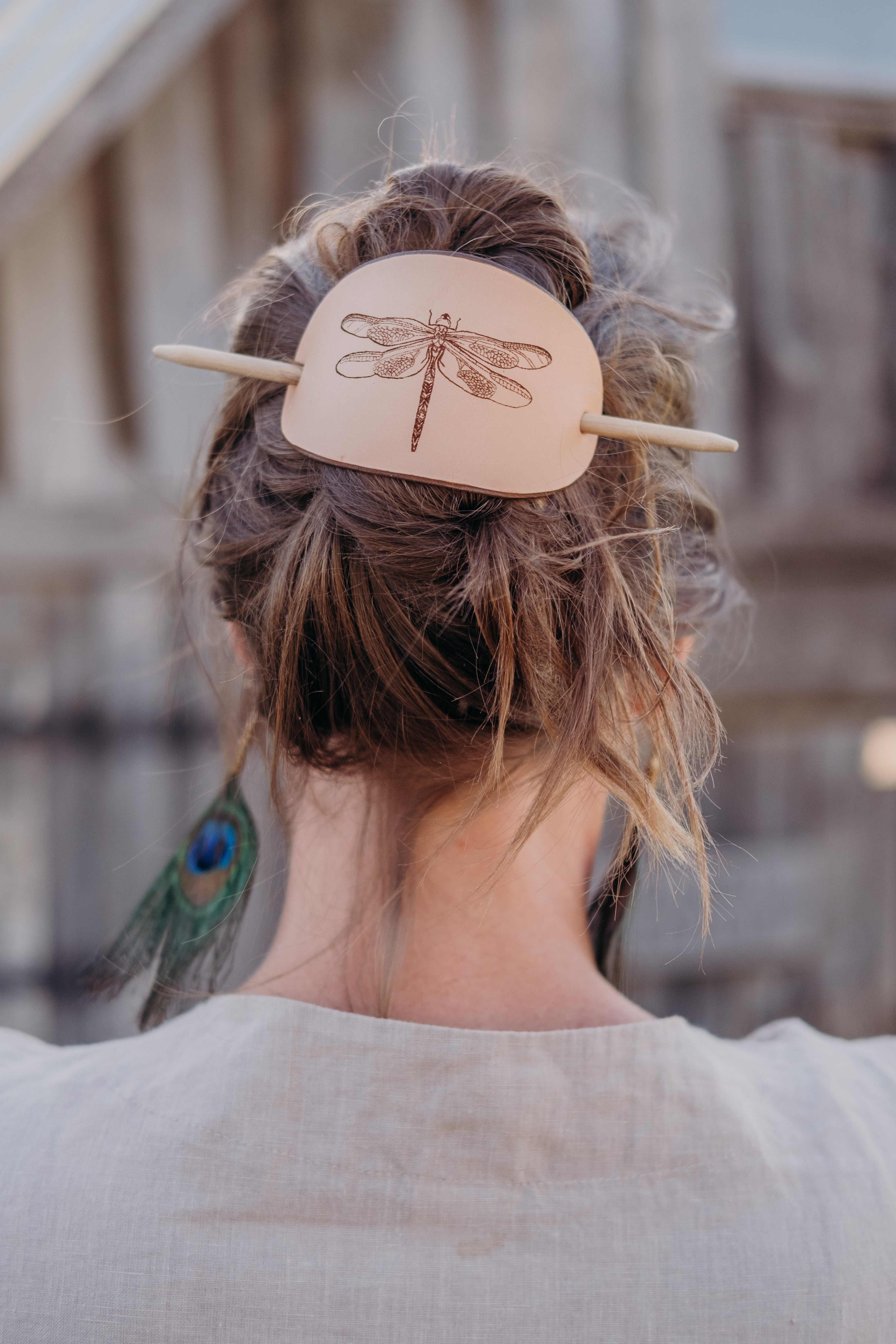 The Dragonfly - large leather barrette