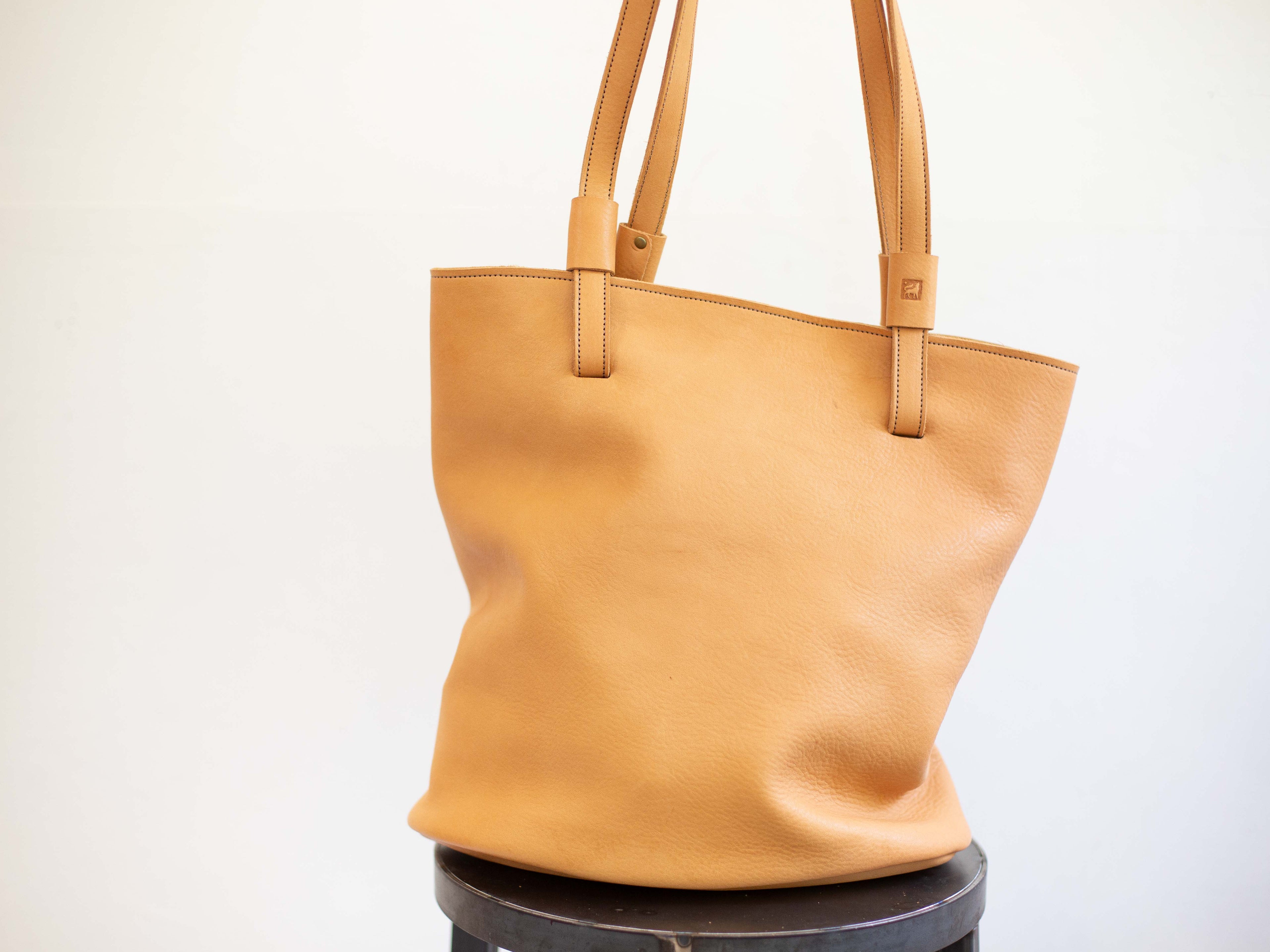 Large Leather Market Tote in a dark beige. Soft milled leather that is ethically sourced. 