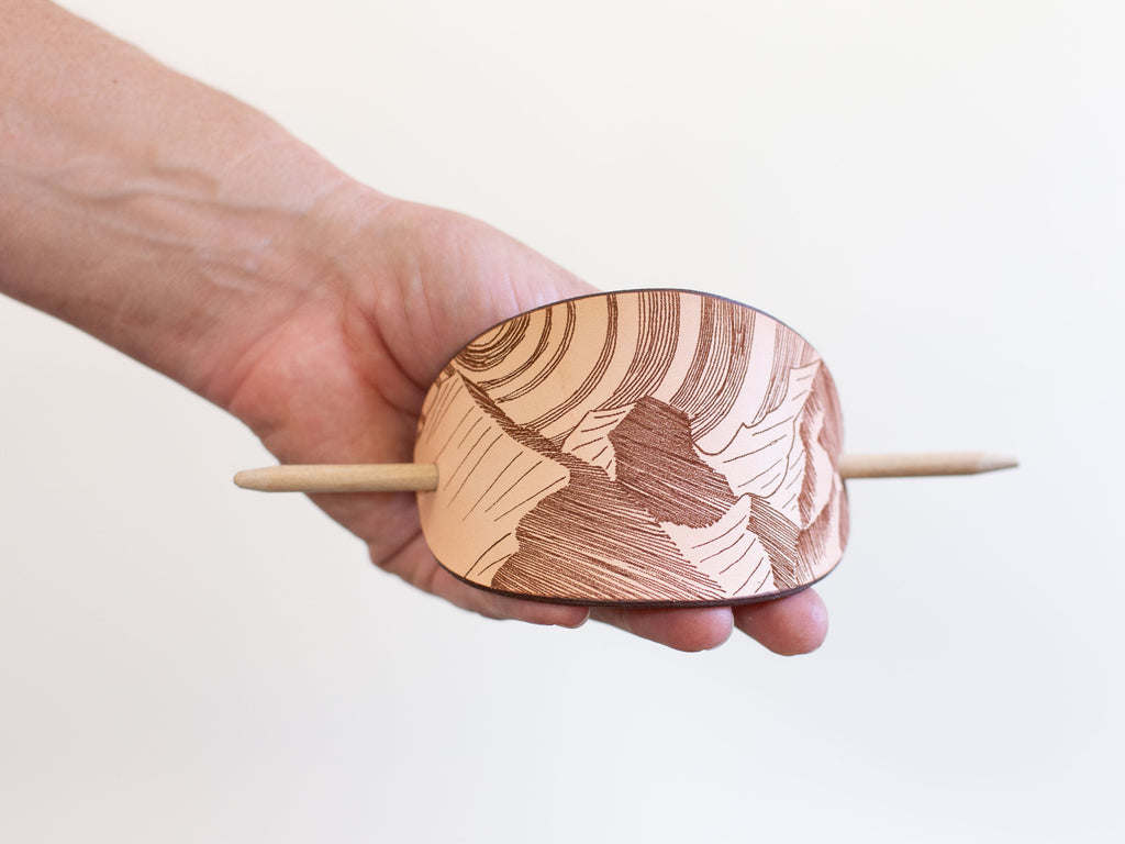 The Mountains - large leather barrette with laser engraving