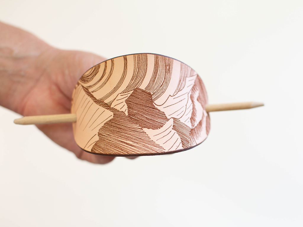 The Mountains - large leather barrette with laser engraving