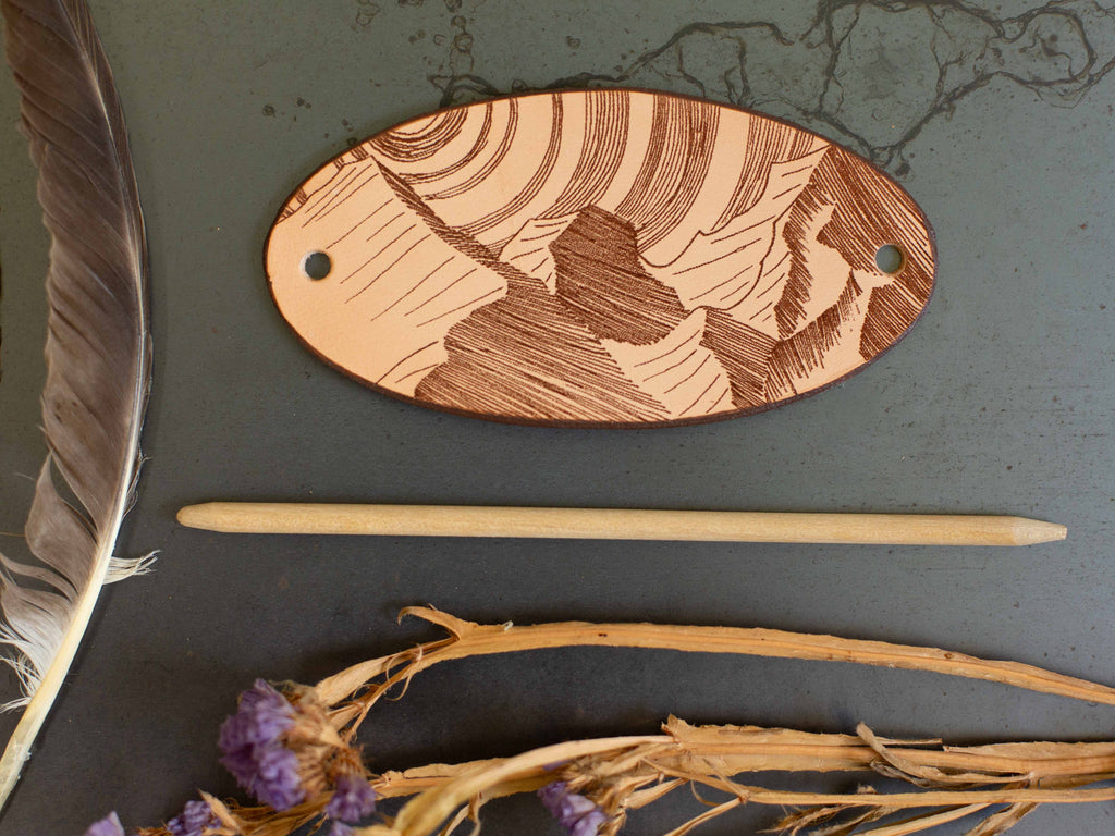 The Mountains - large leather barrette with laser engraving