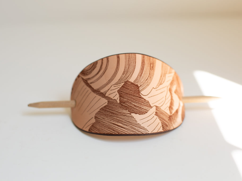The Mountains - large leather barrette with laser engraving
