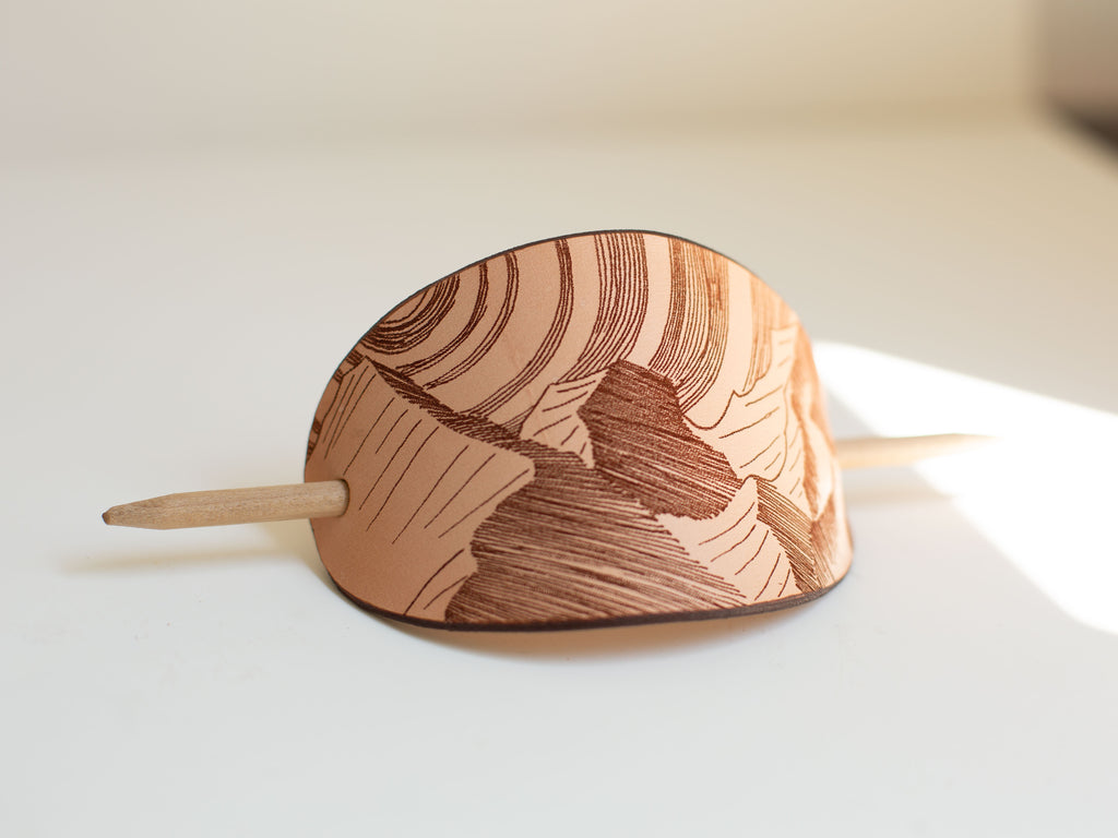 The Mountains - large leather barrette with laser engraving