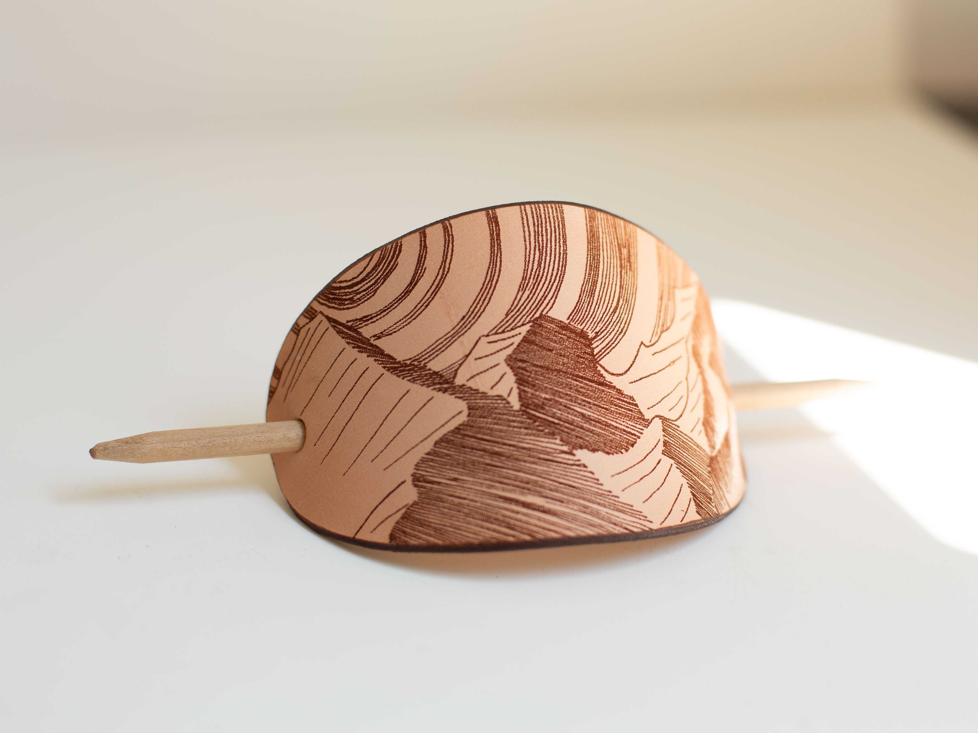 The Mountains - large leather barrette with laser engraving