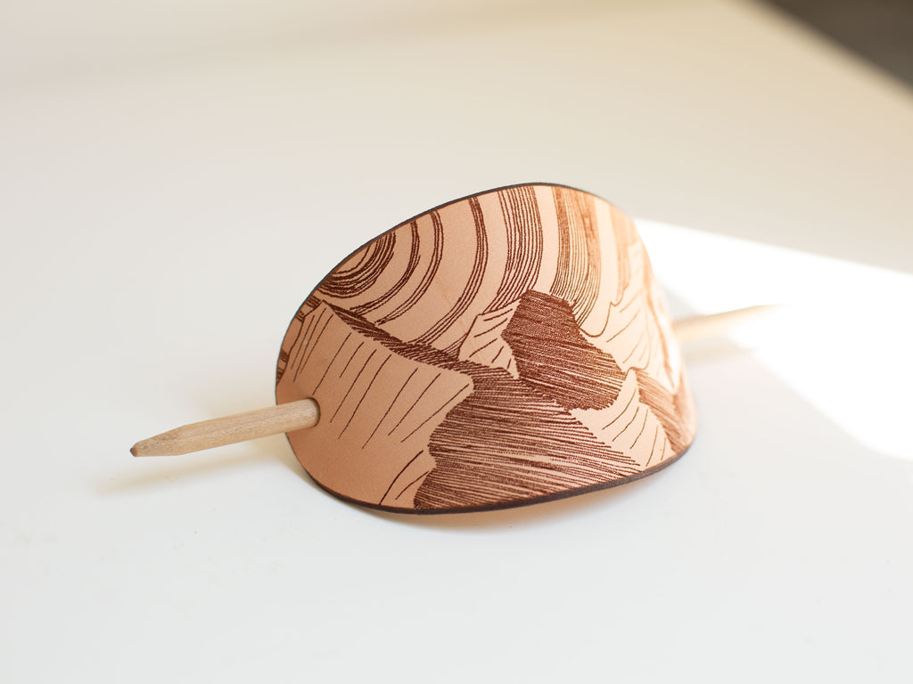 The Mountains - large leather barrette with laser engraving