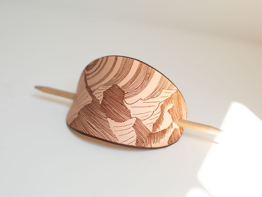 The Mountains - large leather barrette with laser engraving