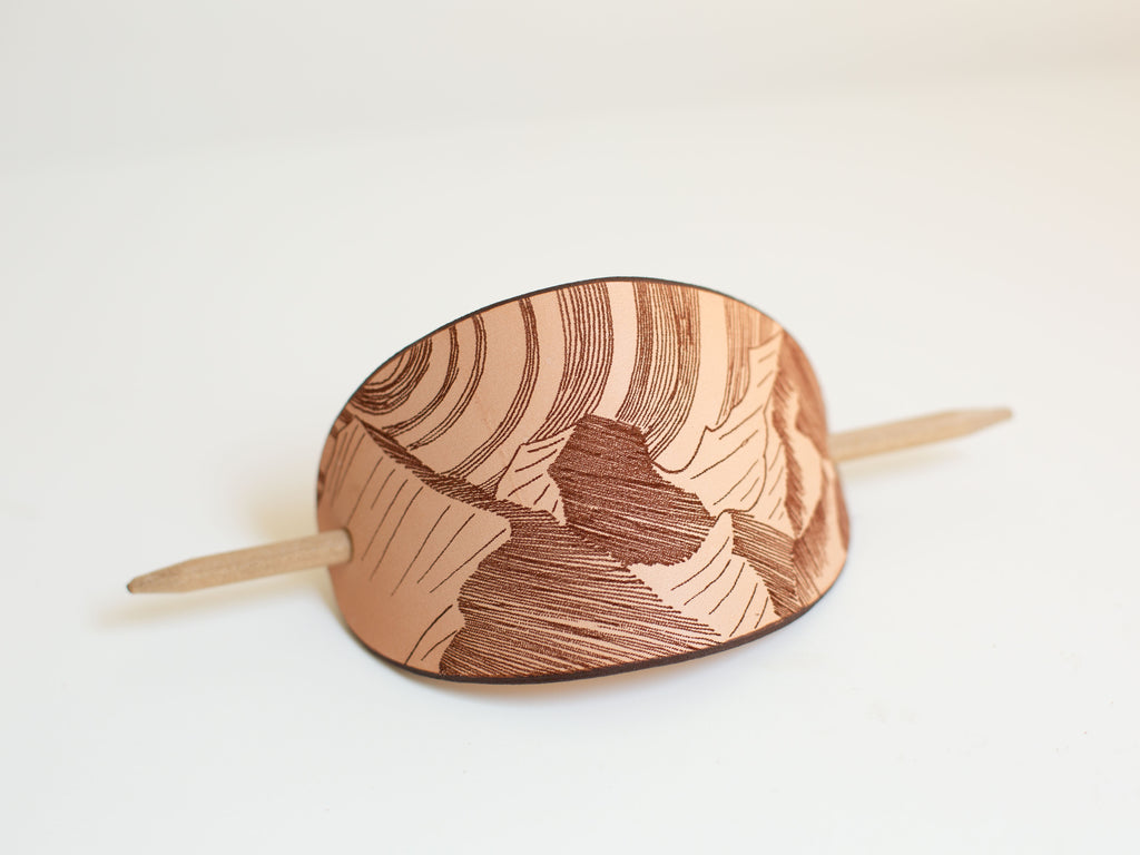 The Mountains - large leather barrette with laser engraving