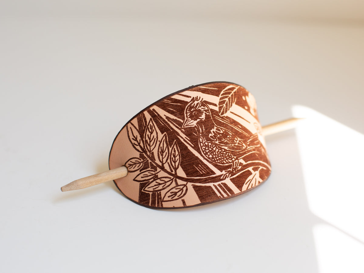 The large leather barrette is a perfect gift for women who are whimsical and love nature, art and the outdoors. 